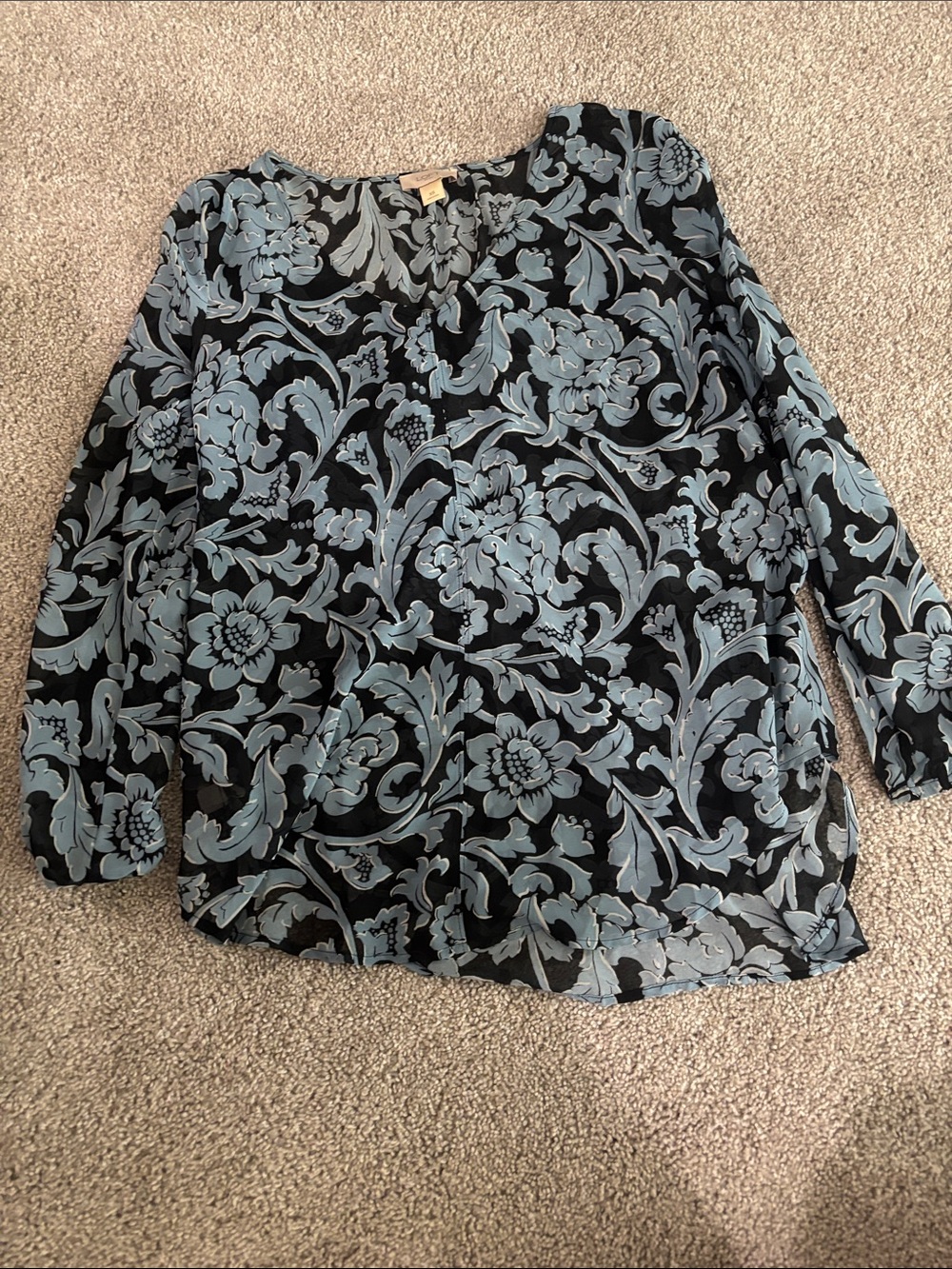 LOFT Black Blouse with Light Blue Floral Print